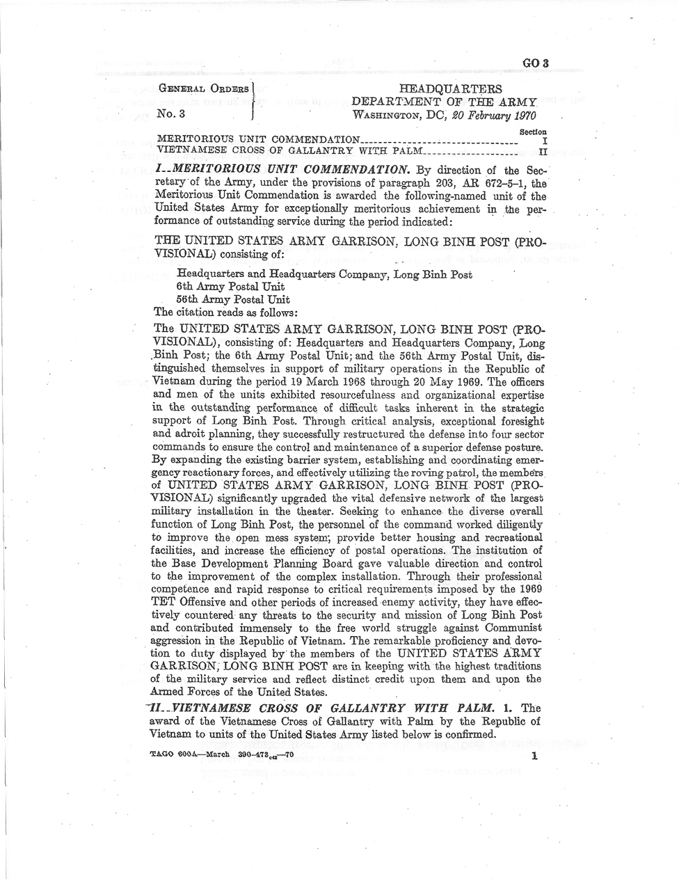 General Orders No.3, page 1