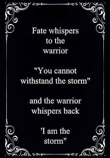 Fate whispers to the warrior.  "You cannot withstand the storm" amd the warrior whispers back "I am the strom"