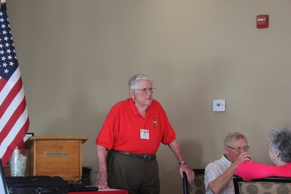 The Waldman Collection - We Arrive
"Helluva deal, folks.  We no sooner arrive here at the Lawton Country Club and they turn the durned power off."  Jerry Orr addresses our gathering.

Our reunion had a rough start.  The first night meeting at the Lawton Country Club was cancelled due to the heaving storming and tornado threats in the Lawton and Ft Sill area.  The Club was kind enough to let us return the following night for another try.
