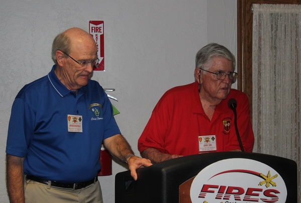 The Waldman Collection - Presenting Gifts
Host Jerry Orr recognizes and honors 35th Inf Regt Assn President Jim Beddingfield with a gift of a challenge coin and our sincere thanks for Jim taking the time to travel to Ft Sill and join us in our first, historic redleg reunion.  Jim's 35th Inf Regt Assn has welcomed the men of the 2/9th to join them at their annual reunions.  We provided direct artillery support to their infantrymen in the field.
