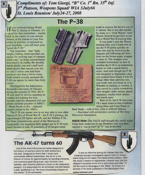 2008 Reunion Souvenir
Copies of a capsule history of the famous "P-38" C-Ration can opener and the AK-47 were available to the attendees of the 2008 Reunion.
