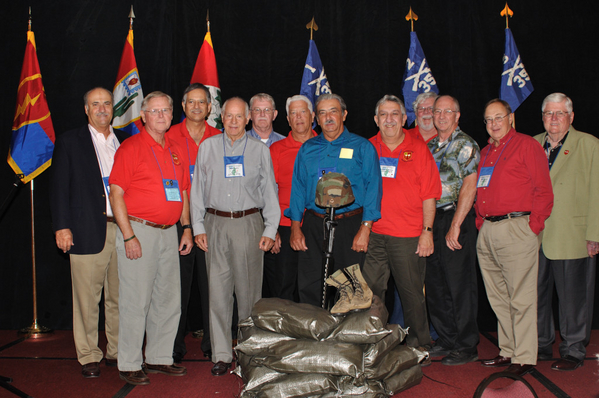 The Redlegs
Attending the 35th Inf Regt reunion from the 2/9th Arty are: (L to R) Mike Kurtgis, Dennis Munden, Tom Roman, Don Keith, John Cashin, Ed Thomas, Dennis Dauphin, Greg Malnar, Gary Dean Springer, Ed Moor, Bert Landau, and Jerry Orr.
Photo courtesy of Steve Rainbolt.
