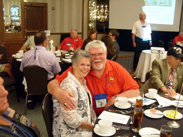 The Saturday Night Banquet
Banquet photos courtesy of Lt Bert Landau, FO, 2/9th Arty.
Lt Gary Dean Springer gives a hug to Alexis Munden, wife of Lt Dennis Munden.
