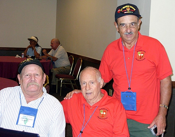 Photo Courtesy of John Waldman
Talk about a reunion!  Sgt John Waldman, seated left, served with Lt Don Keith as his RTO in the field and Lt Dennis Dauphin (standing) in the FDC during his tour with the 2/9th Arty in 1967.  You might say that John had "double trouble"!
