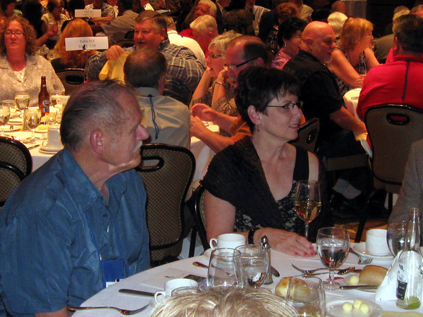 Adjoining Tables
Lee Okerstrom (blue shirt) and Bill Kull (black shirt), seated at adjoining tables.  Bill Kull of "B" Battery is another "First Timer" at the 35th Inf Regt reunion.
