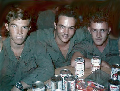 "We Were Soldiers...and Young Studs, Too"
Left: Michael Alexander, Bill Kull (old hairstyle) and Gary Farley.  They were performing a surprise inspection of the unit's beer supply.  Photo taken a base camp (naturally) before heading home in August, 1968.
