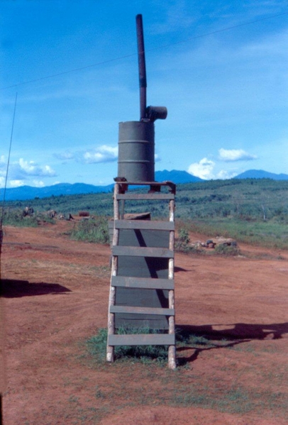 Field Expedient
Set up an immersion heater and you have hot water for a field shower.  Too bad Tipi Hedren and Diane McBain already left.
