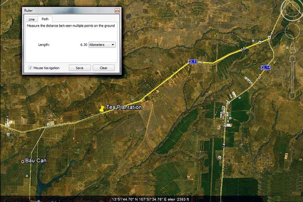 Then and Now
Next, I went on Google Earth to look at that location.  In this screen print, you can find the same notch.  I then used the mileage feature on Google Earth to measure the exact distance from that location back to the intersection where Hwy 19 and Hwy 14 split.  I showed that picture to our driver so he could measure the distance on the odometer.   Again, it's not a dramatic comparison, but the topography is the same.  I
had a lot of fun just preparing for the trip.

