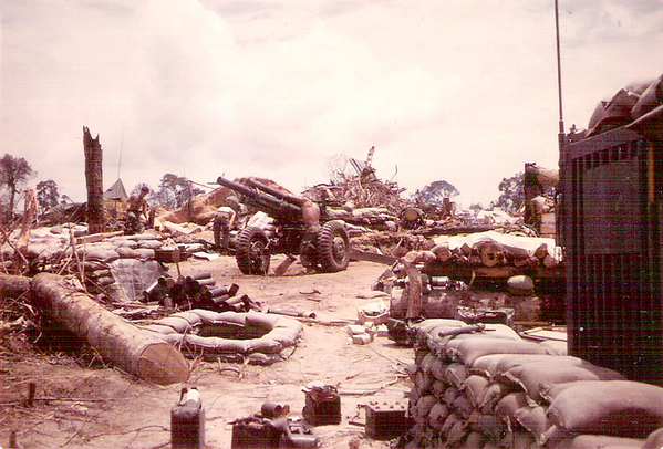 LZ Mile High
Spring, 1968.  "A" Battery had just moved into this hill, midway between Kontum and the Cambodian border.  The hill had been cleared for their landing by a B-52 run.  FDC conex at right.  Hill was later heavily mortared.  They shared this hill with the Inf Bn HQ.
