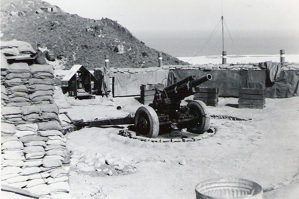 Atop LZ Thunder
Duc Pho, LZ Montezuma (aka Bronco), Fall, 1967.  "B" Battery, 105mm howitzer.  Bunkers around the gun were for ammunition and for the gun crew.  The South China Sea can be seen in the rear.
