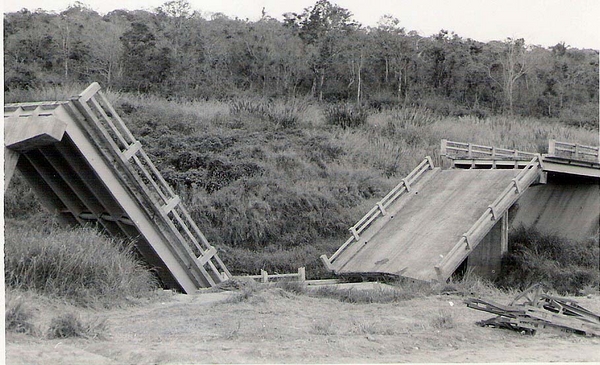 Hwy 19 - Bridge Down
The VC loved to remind us that they were around.  This bridge was vital to the many convoys and local commerce down Hwy 19. Sp5 Bob Wilson has the same photo, more to the right, of this same bridge destruction.
