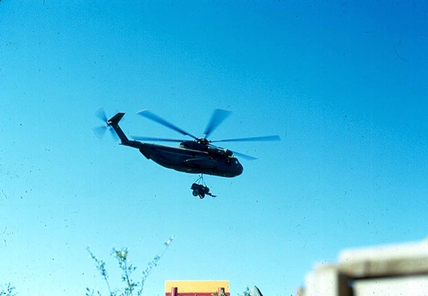 Skycrane Delivers
A chore usually performed by a CH-47 Chinook, here you see a Sikorsky SkyCrane delivering a water trailer to an LZ.
