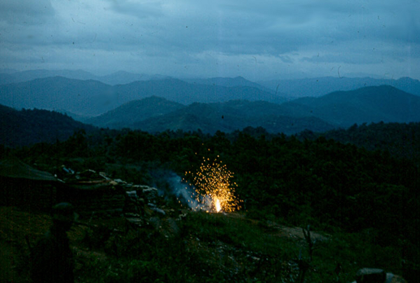 The Burning Pit
Every evening at dusk, we would gather up all the unused powder charges, put them in a pit in a line, ignite the end of the line, and watch the show.  The evening sky made for a beautiful background.
