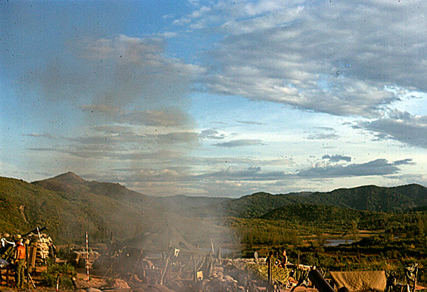 Construction time
Building the firebase at LZ OD.  Note the red and white-banded aiming stakes for the guns.
