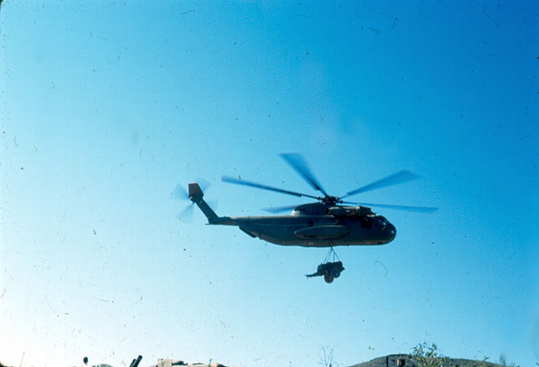 Hauling Water
A Sikorsky Sky Crane is put on duty to haul a water trailer.  Usually a chore handled by the CH-47s.
