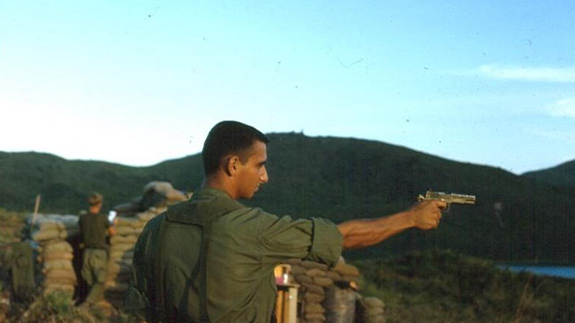 Last Line of Defense
Lt Dauphin using sidearm .45 caliber.  Perimeter defense rehearsals were common.
