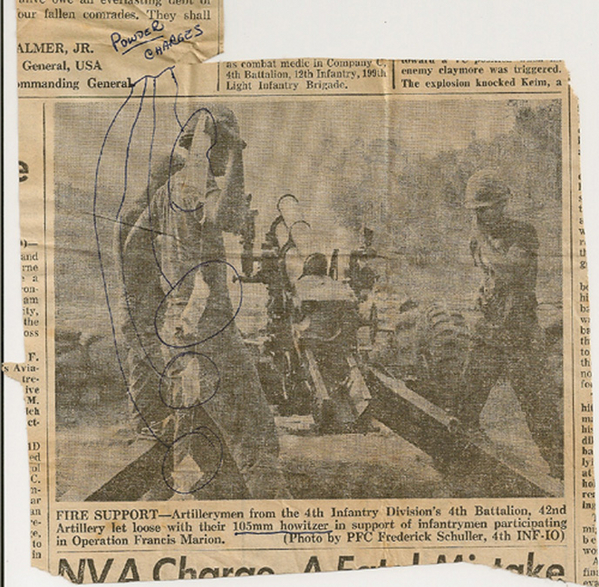 Powder Bags
My family had no clue as to what "powder charges" were, so I clipped out this news article which showed the proper display of the powder charges being held up for count verification and sent it homeward.
