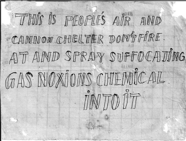 This is amazing: a carefully and painstakingly-lettered sign found near a cave entrance requesting that the shelter not be attacked.  Well...you can always ask, can't you?
