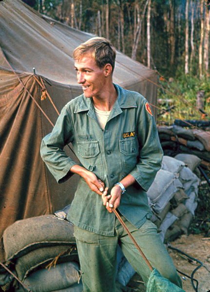 LZ 510B
Sp4 R. O. Shepherd at LZ 510B.  Note the "stateside" fatigues with the color logos and emblems.  Another sign that jungle fatigues were not fully available in the 66-67 timeframe.
