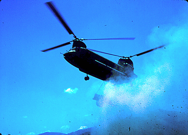 Water delivery
A Chinook bringing in a water trailer.  Troops thought it might be smoking-hot rum.
