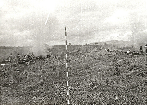 Barber Pole
The red & white poles are the aiming stakes for the howitzers to set off deflection commands.  They were replaced with "collimnators" later.
