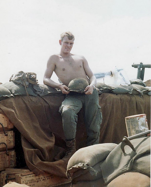 Best Buddy Mike Medley
One of his closest friends, Mike Medley, also in the FDC, holds his helmet with his name on it.  Mike returned to the States and got a law degree from Ole Miss.
