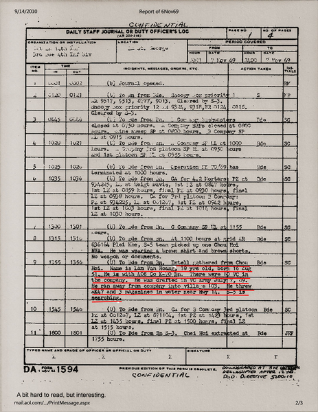 Daily Log - LZ St. George
18-year old drafted by the VC decided to quit his company and toss his weapons & ammo.  He became part of the "Cheu Hoi" program...those changing over to the other side.
