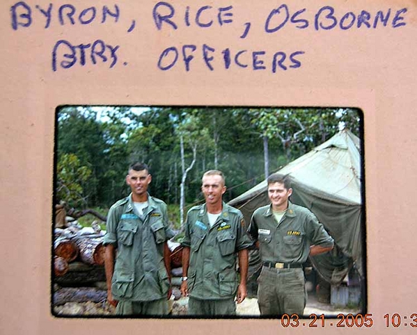 "B" Battery Officers
Captains Byron, Rice, and Osborne.  Capt Osborne took over after Capt Rice's departure.  {"Byron" should be Capt Max R. Barron, former XO of "B" Battery}
