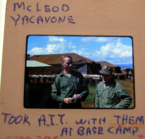 Fresh from the Stattes
At left is PFC Norma McLeod, Jr and PFC Gerald L. Yacavone.  Took AIT with them at Base Camp.  They are listed as members of Hqtrs Battery.
