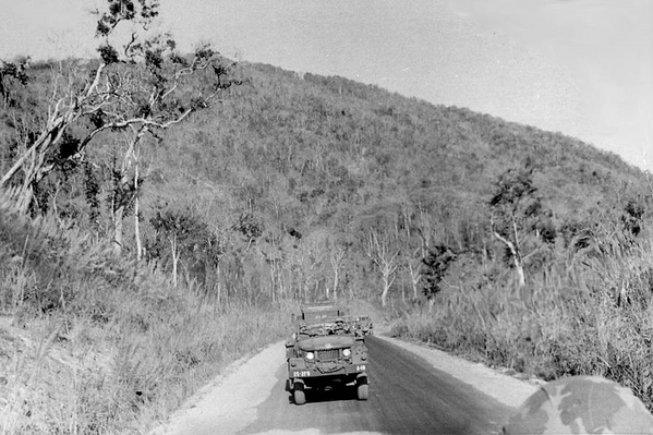 Convoy
Typical convoy in Vietnam.  All the roadside shrubbery made good hiding spots for ambushes.
