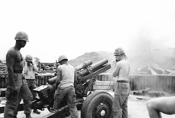 LZ Uplift
Crew goes into action.  RTO is Cpl John Kuntz, PFC Hourigan is the Gunner, Sp4 Ernest Johnson is the Asst Gunner, Sp4 Kurt Krabbe is the Loader, and PFC Jones has his foot on the trail.
