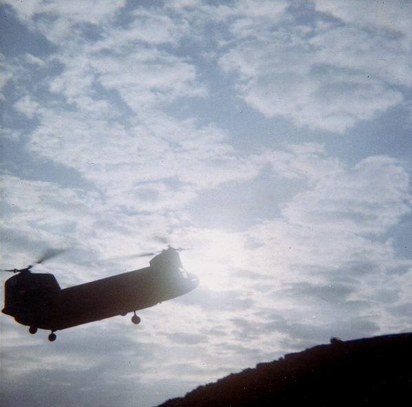 Shining through
The sun appears to be shining through the Chinook as it makes its landing.
