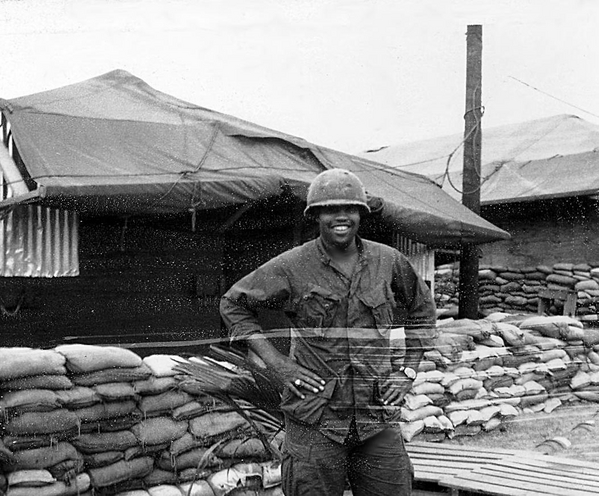 Back For More
Here is driver Derwyn Kaiser on a visit to our tent area (he was with another unit) at Duc Pho Montezuma after his recovery from the Double-Deuce explosion.

