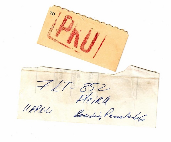 Eat Your Heart Out, SW Airlines!
Hah! Southwest wasn't the first to come up with cheap boarding passes.  The Loadmaster would simply tear off a piece of paper from something else  and write "boarding pass" along with the flight # and destination.  The "PKU" is a baggage stub.  Sometimes you had to check what you were carrying, sometimes you didn't.
