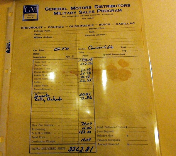 A Father's Promise
One of our Commo guys said his dad promised him something. If he would just stay alive and make it home, his dad would buy him a new GTO. Sure enough, when he got home, there was a brand new red GTO waiting for him!  THAT got my fires going. I learned through the PX guys that I could order new cars at a military discount!  I ordered a new Pontiac GTO convertible. Here is the first of several (modified) orders I made. And check that price! NOTE that the form states it is ordered from Viet Nam, and gives an "APO" address.


