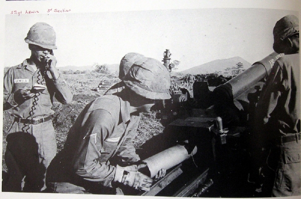 25th Div Yearbook - Oct 1, 1941 to Oct 1, 1966
Notation: SSG Anderson Lewis, holding the phone, of the 3d Section, "C" Battery.  The Battery Commander was Capt Ricardo Morales.
{Notice that no one is wearing any ear plugs}
