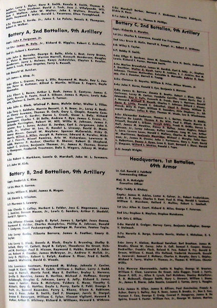 Roster - 2/9th FA
Continued from previous photo.  This photo lists Batteries "A", "B" & "C".  You will find a very easy to read version on the website under the tab "Awards, Rosters & Orders".
