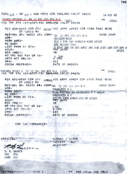 Goodbye Orders
Orders reassigning Mike Huseth from "C" Battery, 3d Bde, 25th Inf Div to USAR Control Group.  Goodbye Nam; hello States.
