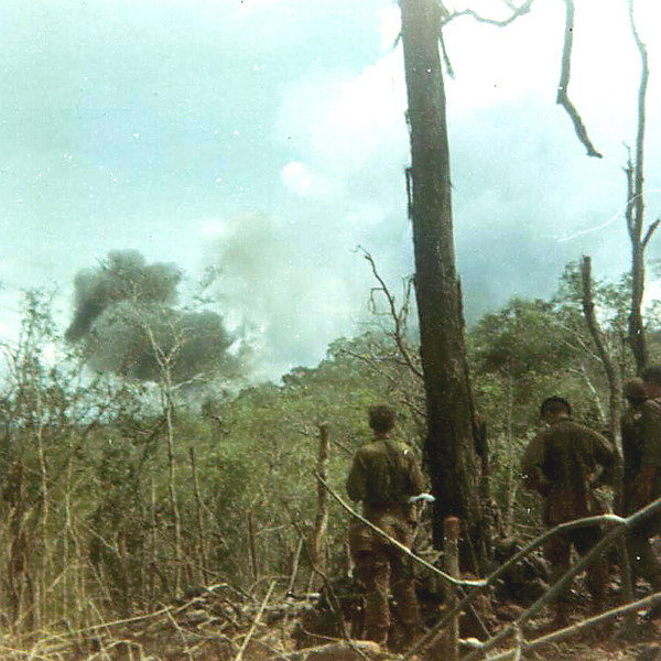 Aftermath
Aftermath of 5 hours of contact firefight.  Broke contact, pounded the area with artillery and air strikes.  Lt Hartley was my LNO; we had five batteries firing missions during and into the night.
