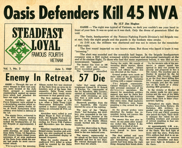 Attack on The Oasis
Borrowed from Walt Schneidereit's photo album, this is a 4th ID account of the attack on The Oasis.  According to Maj Jerry Orr, many more of the enemy were killed that night as many large mass graves were found.  An estimate was 70 more dead.
