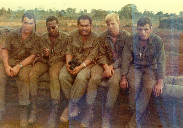 LZ St George gun crew
L to R: PFC Rick Ericksen, Sp4 Don F. Morrell, Sp4 Steve (Pineapple) Esona, PFC Jan (Kip) Hansen, and Sp4 Wayne P. Wolf
