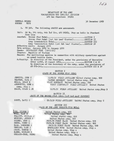 General Orders No. 8279, pg 1 - Awards
Award of the Army Commendation Medal, 30Dec69 to Steve Cox.
