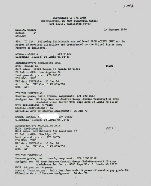 Special Orders No. 14, Pg 1, REFRAD
Orders relieving from Active Duty, 14Jan70 to the USAR.
