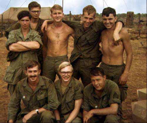 Tick TOC
The fierce & determined guy at far left is Joe Henderson, then Larry Leonard, Bob (Smitty) Smith, Rick Algren & Terry Savely.  FR: John Blanche, Gary Williams (2/9th) and Gary Butler (Ft Worth), also 2/9th.
Photo date is October, 1968.
