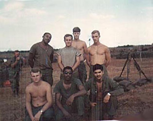 FO & The FDC Crew
L to R (back): Calvin T. Garrett (Houston), Lt Charles Stout, PJ Newlin (Coloado), Phil Johnson (Pittsburgh).   FR: Jay Flamme,(Colorado-deceased),  Sp4 Kelly (New York), and Tom Roman.  Sp4 Kelly was the brother-in-law of the famous recording artist Aretha Franklin.  She dedicated the song "Mr. Kelly" to him.
