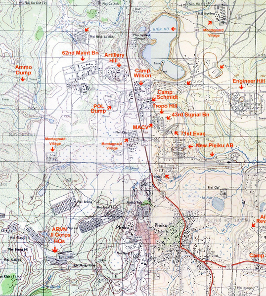 Map of Pleiku & surrounding bases
Map of Pleiku area with many familiar spots identified.
The Mighty Ninth personnel considered the area a homestead.
