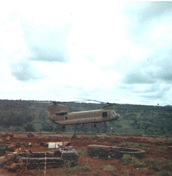 Touching Down
The Chinook bringing supplies.  Note the battery gun positions in the foreground with the aiming stakes.
