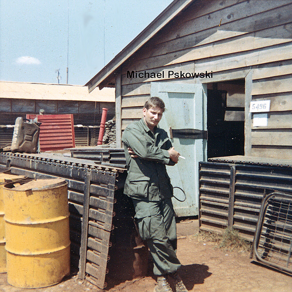 Pskowski at Ammo Hooch
PFC Michael Pskowski (deceased Oct 73) stands outside the Ammo Hooch.
