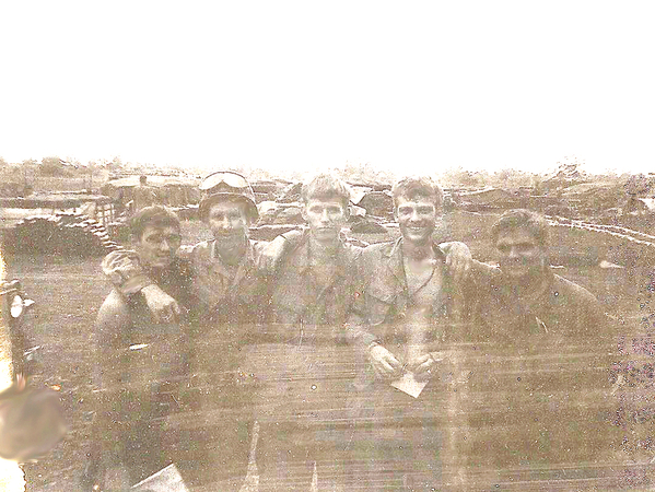 Brothers-In-Arms
Home from LZ Cathy 9-69.  The non-lifer traveling FDC band of brothers (left to right): Clint Curry, Eugene ("George") Jarisch, Denny Mrowzinski, Mike Medley, and our leader eltee "Rucksack" Rucker (Lt. Hermie "Rucksack" Rucker).
