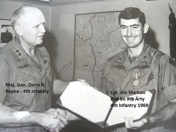 Army Commendation Medal
Jim "Tex" Shelton gets a handshake and Army Commendation Medal after serving as his armed guard on field visits.
